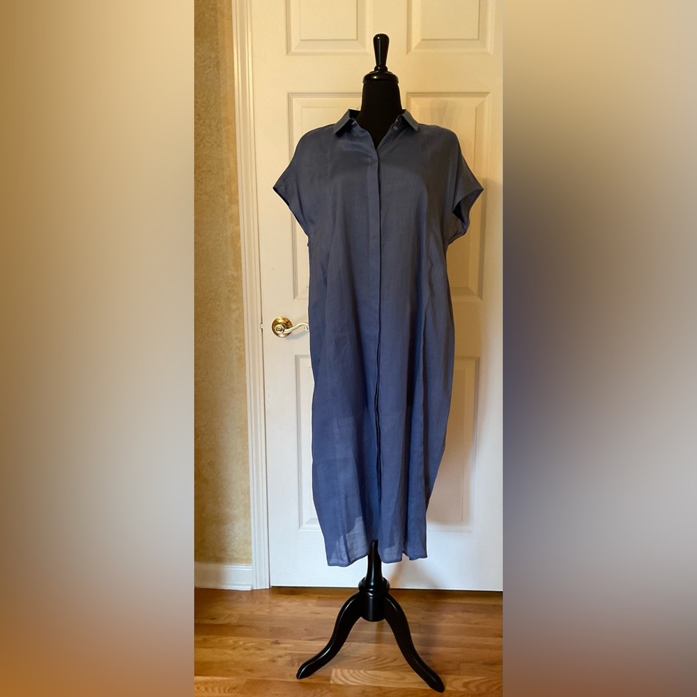 NWT, Lafayette 148 Women’s Shiny Blue Short Sleeves Button Down Dress. Size XL